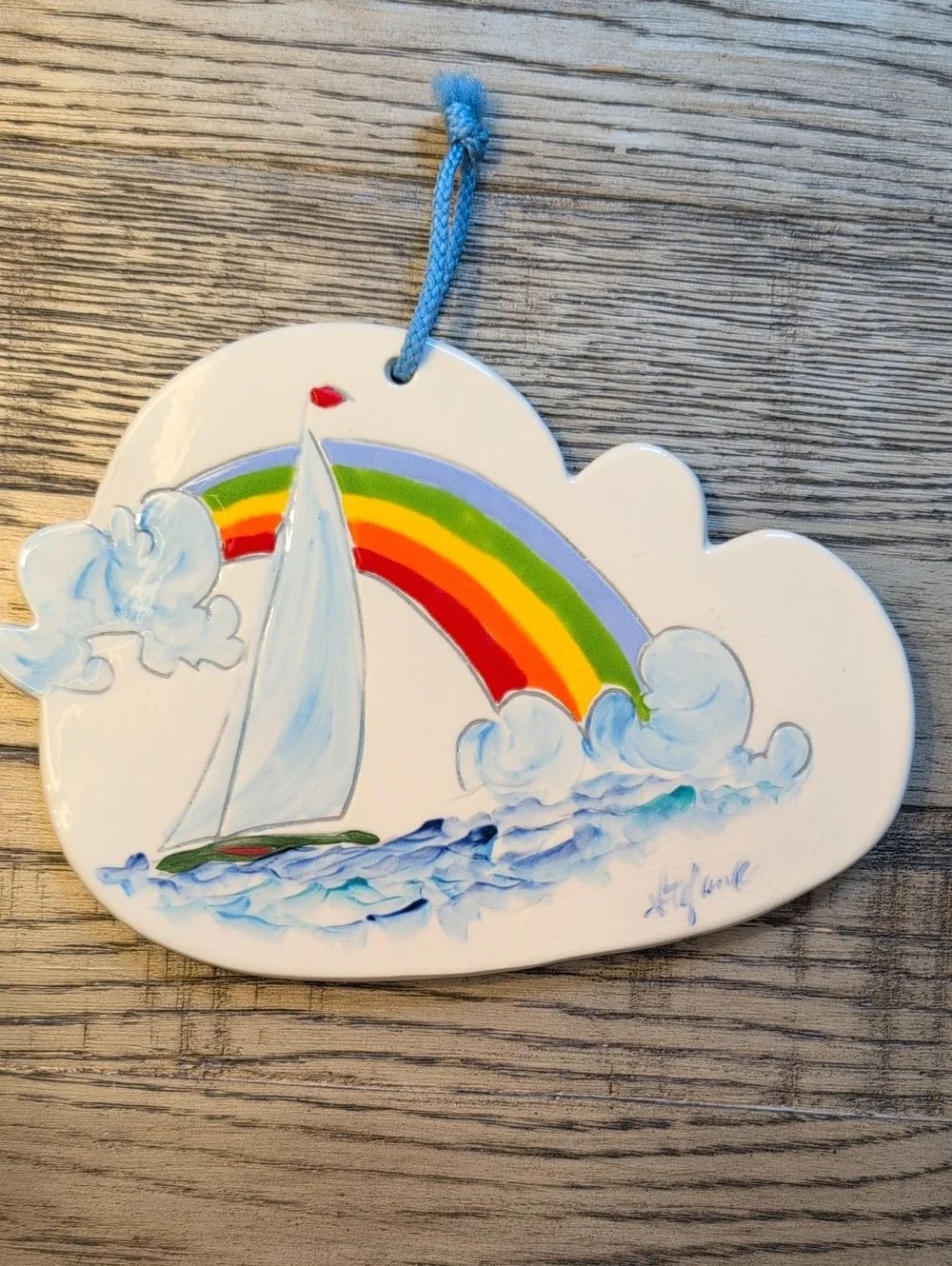 Cloud Shaped Ceramic Hanging Trivet with Sailboat and Rainbow Artist Signed